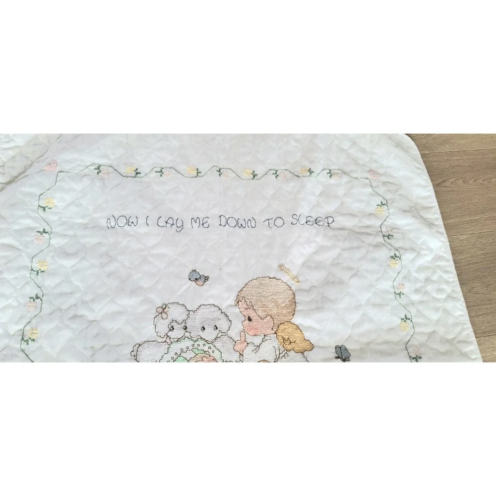 Vintage 1997 Handmade Baby Quilt 33x40 Cross Stitch Now I Lay Me Down Prayer EUC